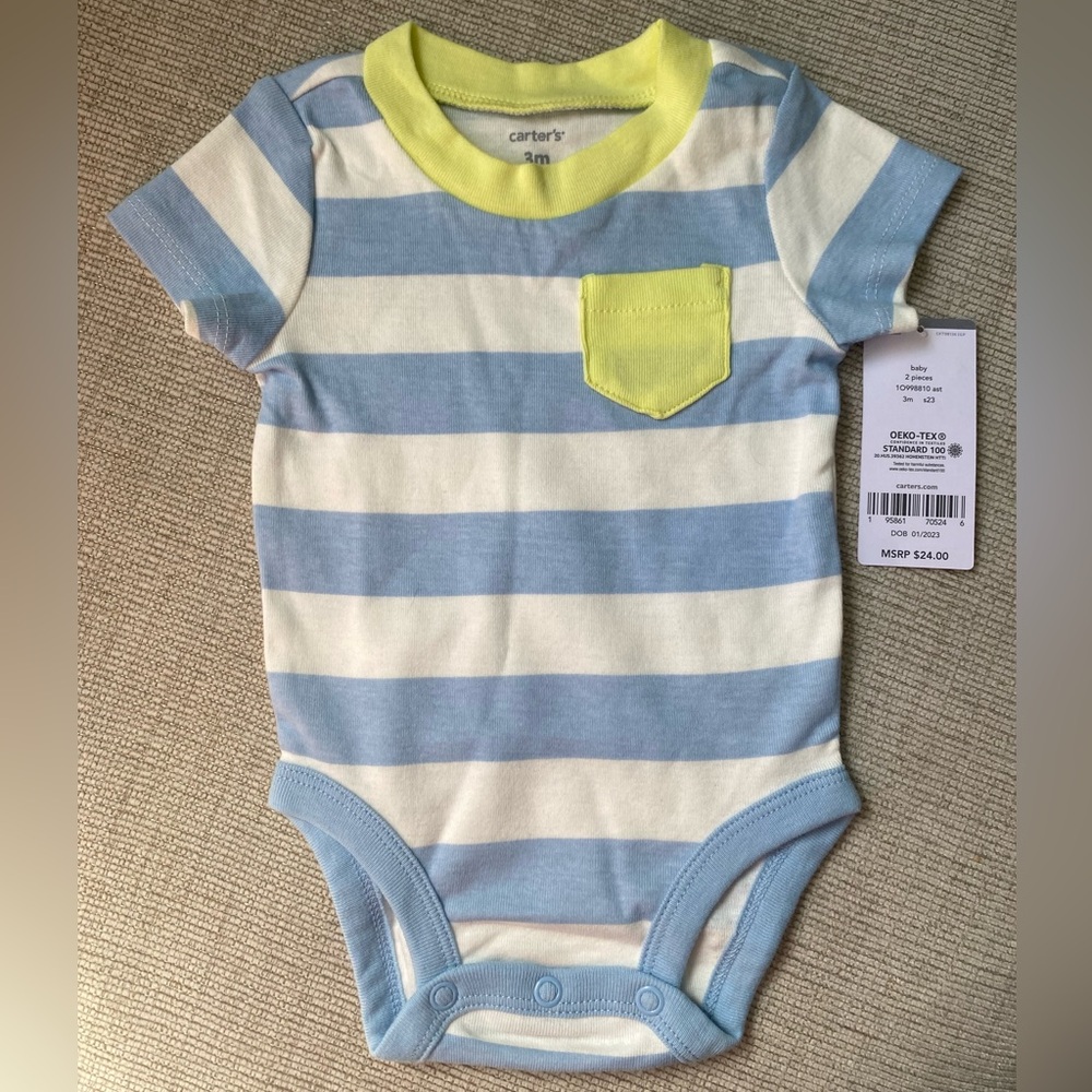 Carter's Blue & White Striped One-Piece with Yellow Pocket and Trim NWT